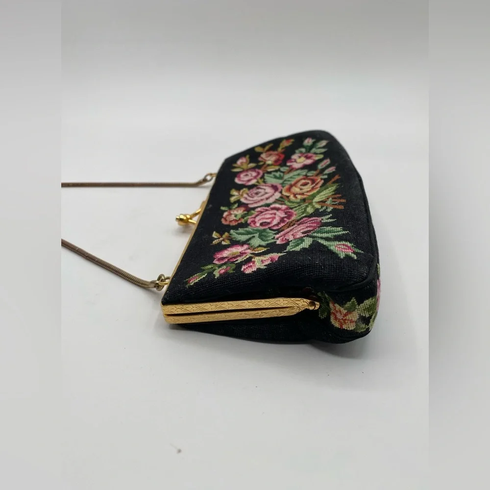 Floral Needlepoint Evening Clutch in Black with Pink Roses Vintage
